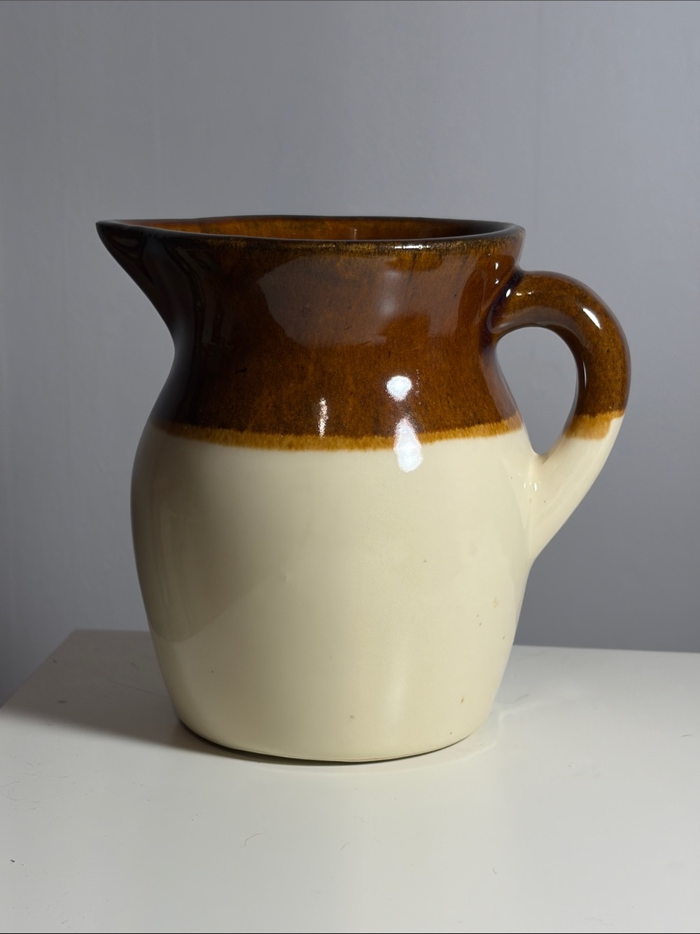 R.R.P Co. Roseville, O, USA 2-Tone Brown Pottery Creamer Pitcher Vintage Decor